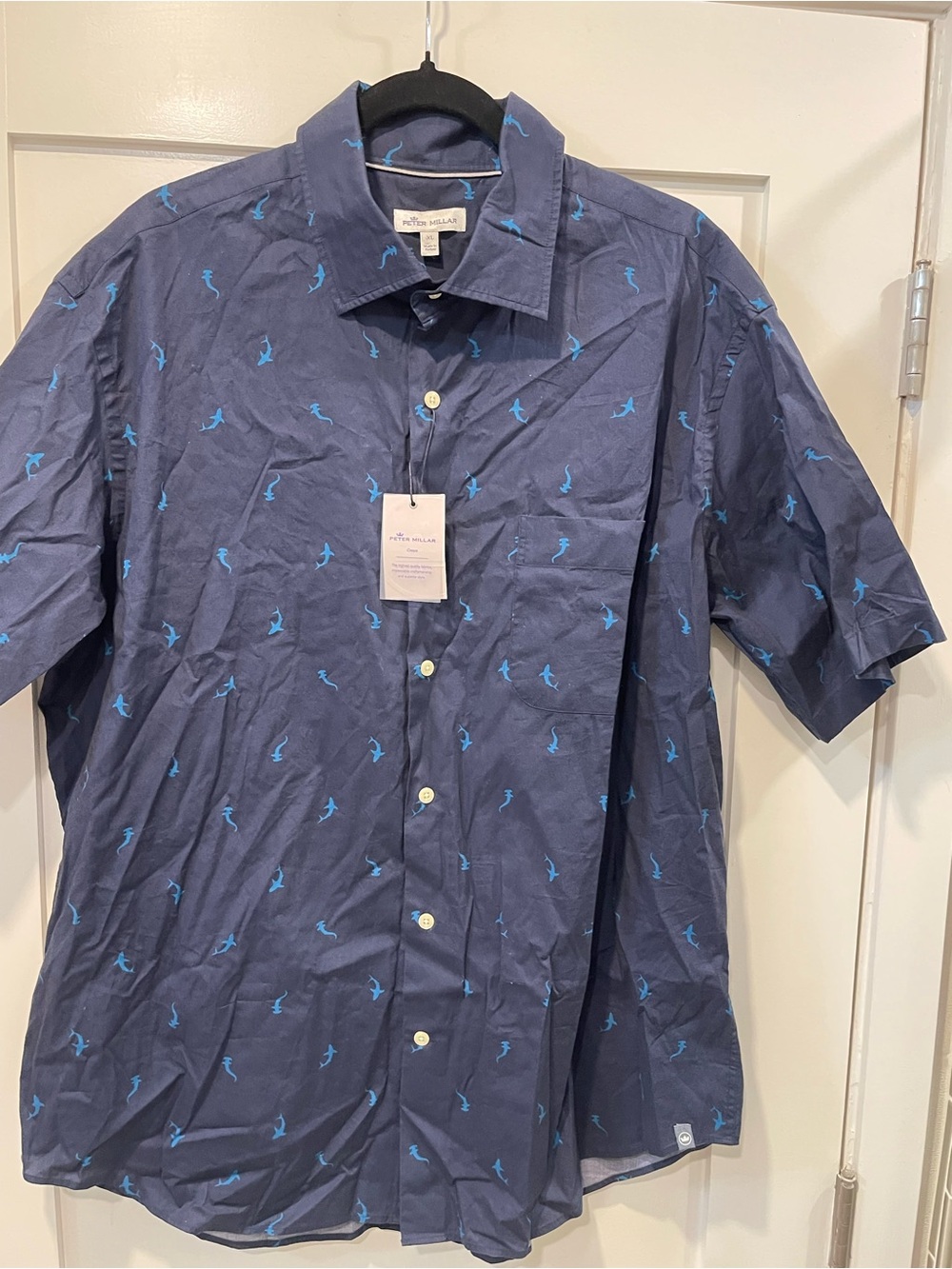Men’s Peter Millar Navy  Button-Down with Light Blue Shark Print NEW SZ XL $145